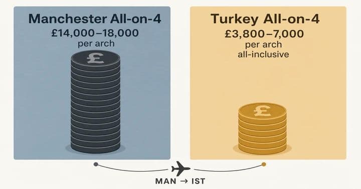 All-on-4 Manchester'dan Türkiye'ye: Kuzeybatı İngiltere Hastaları Ne Kadar Tasarruf Ediyor (ve Ne Zaman Yerel Kliniği Seçmeli)