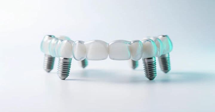 Titanyum vidalarla sabitlenen tam ağız zirkonyum implant köprüsü — All-on-6 tedavi modeli